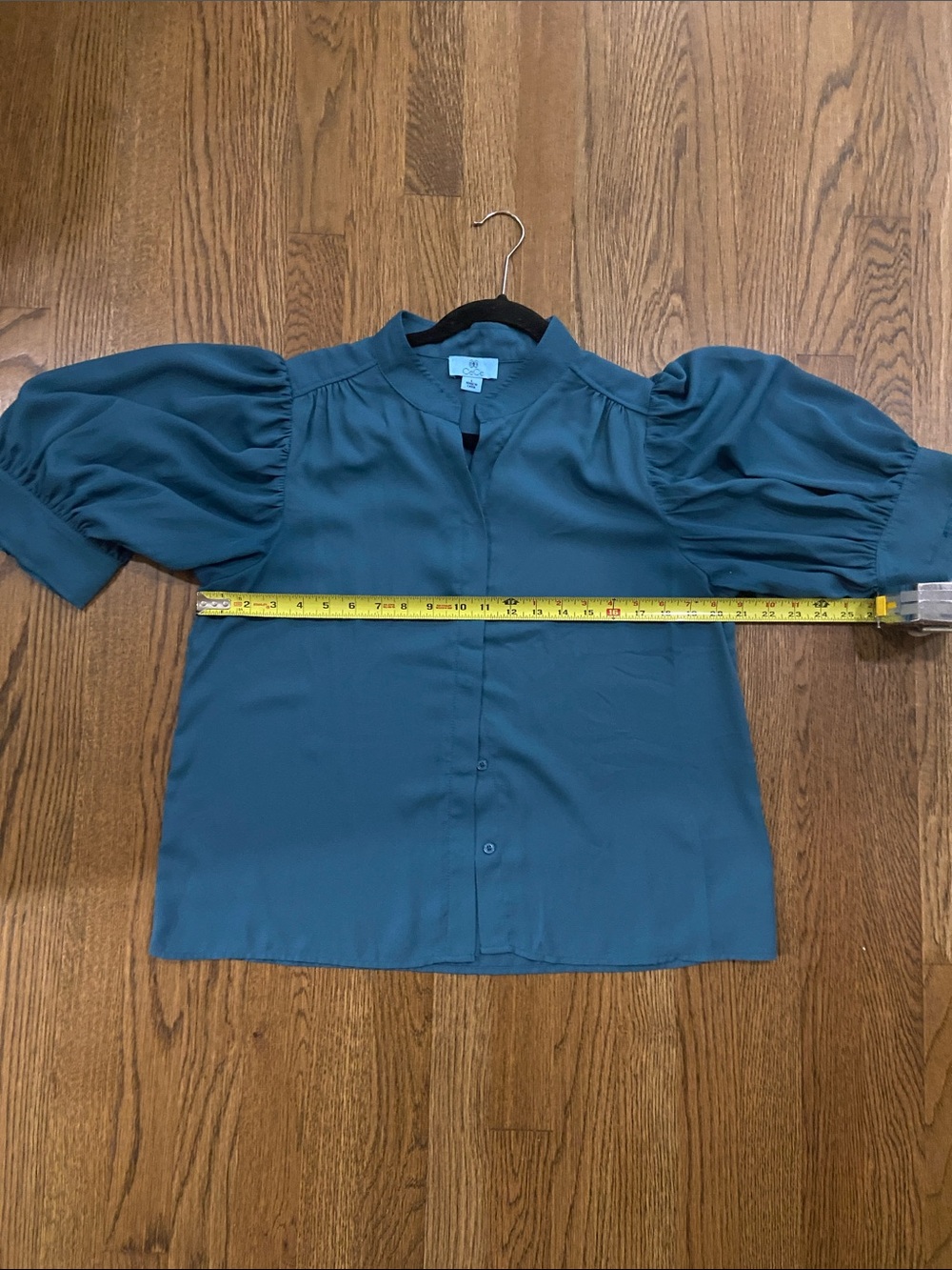 CeCe Teal Puff-Sleeve Button-Front Blouse - Picture 4 of 6